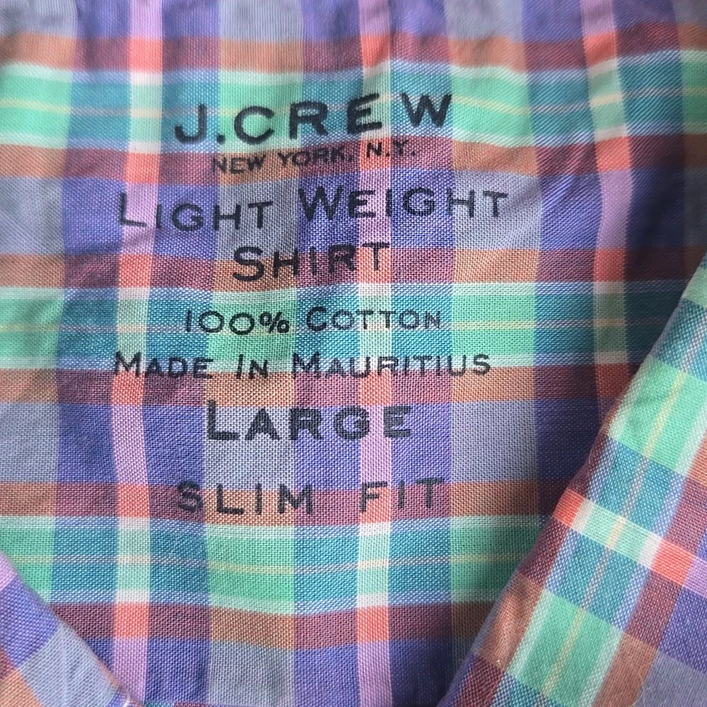 J. Crew Shirt Light Weight Plaid Long Sleeve L Slim Fit 36.5/37 100% Cotton